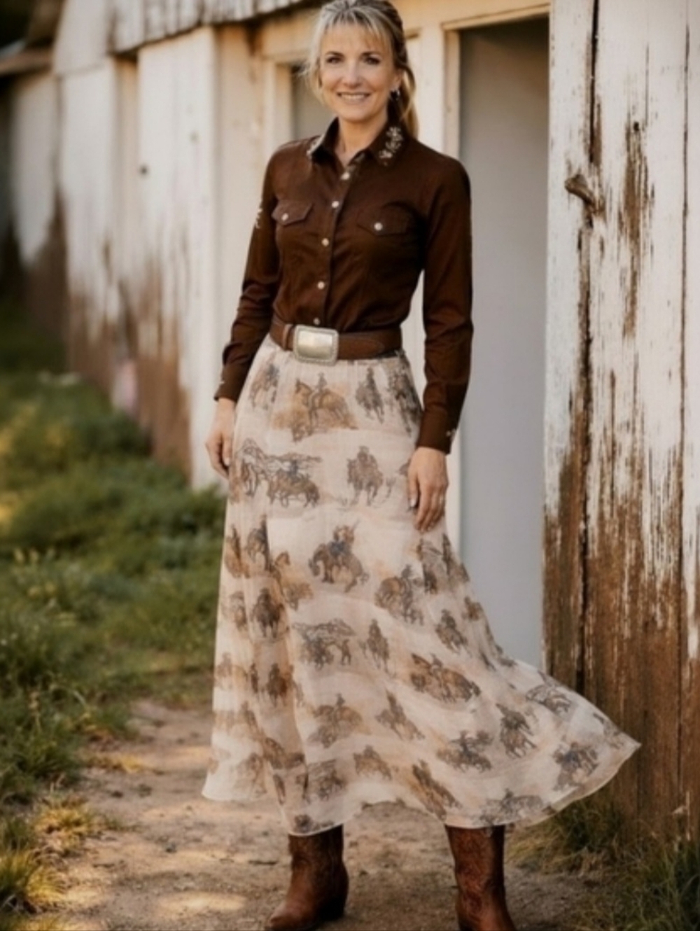Cowboy Print Lined Full Mesh Skirt